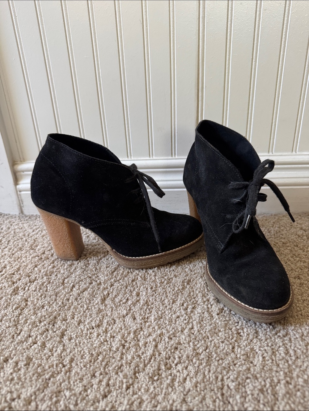 J.crew Vintage black Suede Lace-Up Ankle Booties with rubbery Heel